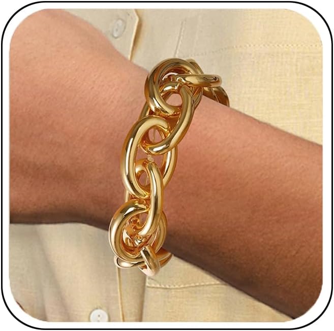 Chunky Gold Bracelet for Women Non Tarnish, Trendy Stretch Cuban Link Chain Plated Gold Bangle Bracelets