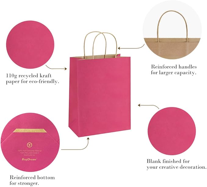 BagDream 25Pcs Hot Pink Gift Bags 8x4.25x10.5 Kraft Paper Gift Bags with Handles for Shopping, Small Business, Retail Merchandise Grocery, Birthday Party Favor, Medium Pink Paper Sacks