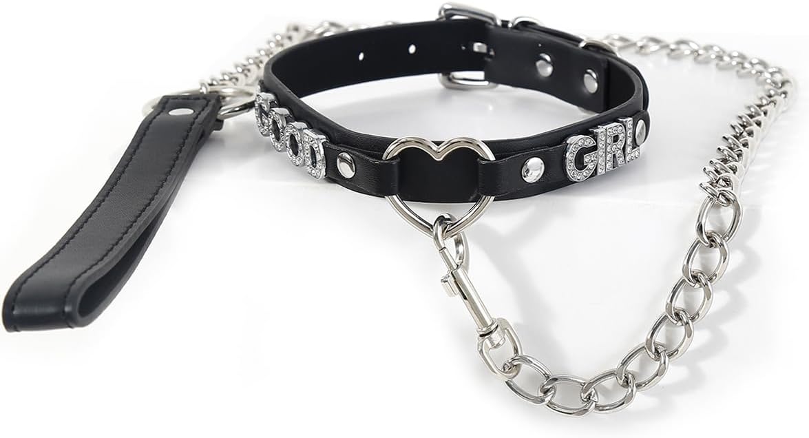Succuba Handmade Heart Ring Rhinestone Letter Pu Leather Choker Collar Necklace for Women and Men