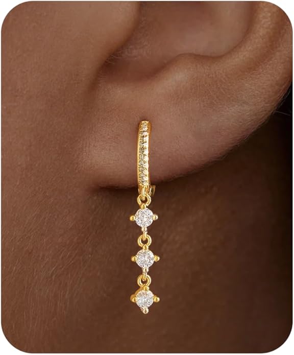 Dangle Earrings For Women Trendy 14K Gold Plated Drop Silver Long Dangling Dainty CZ Simple Hanging Jewelry