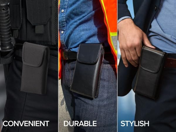 Turtleback Belt Holder for iPhone 16 Pro, 16e, 15 pro 14 Pro 13 Pro -Medium- Fits w/Shockproof Commuter Style Cases, Premium Black Leather Vertical Holster, Magnetic Closure Leather Wrapped Clip