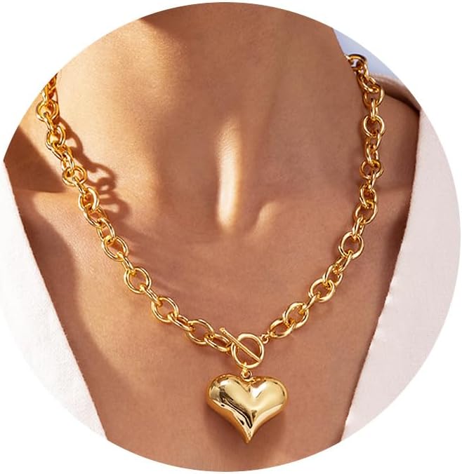 Chunky Gold Heart Necklace for Women，14K Gold Plated Puffy Heart Pendant Bold Chain Necklace with Toggle Clasp，Waterproof Non Tarnish Hypoallergenic Chunky Statement Jewelry Gift for Women