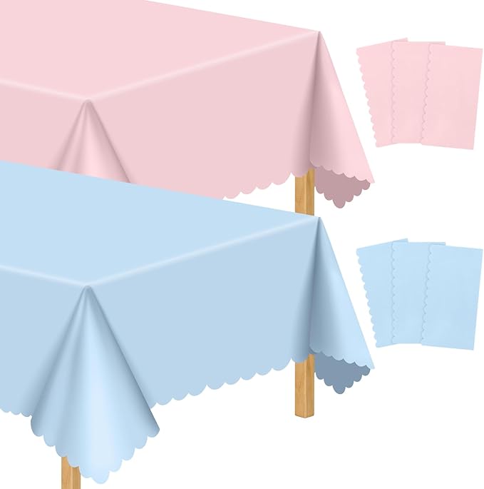 6 Pack Gender Reveal Plastic Tablecloth, 54 X 108 Inch Pink and Blue Disposable Scalloped Table Cloth for Rectangle Table Spring Tablecloth for Gender Reveal Baby Shower BBQ Picnic Birthday Party