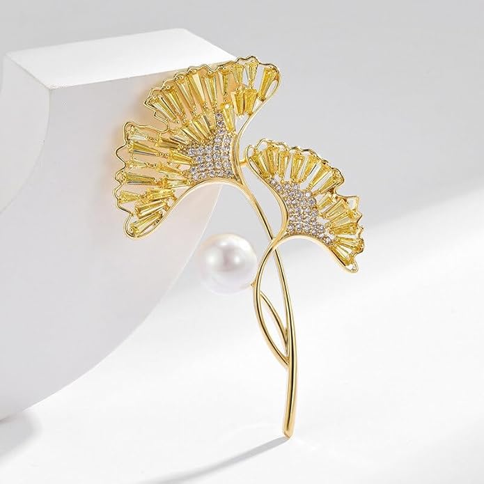 Leaf Brooches Rhinestone Freshwater Pearls Ginkgo Leaves Brooch Pin 18k Gold Plated Leaves Lapel Pins Jewelry Valentine's Day Birthday Gifts for Women Girls