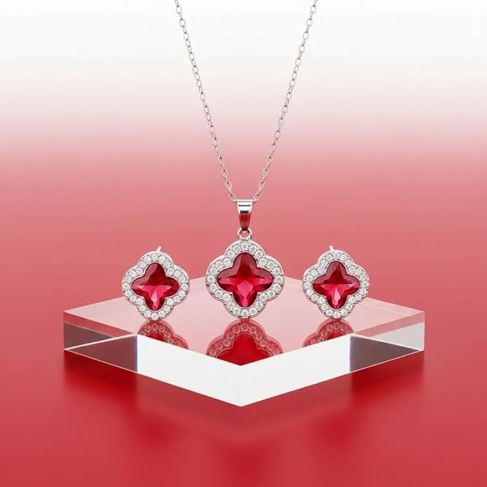 Four Leaf Clover Necklace and Earrings Set for Women, Clover Jewelry Set with Pendant Necklace and Stud Earrings, Brilliant Cubic Zirconia, Polished Metal Setting, Hypoallergenic, & Lightweight