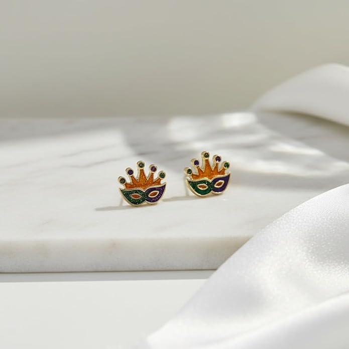 MardiGras Stud Earrings for Women Glitter Delicate Compact Flower Mask Hat Lips Stud Earring Charm Green Purple Gold Carnival Earring Cute MardiGras Jewelry Accessories for Women