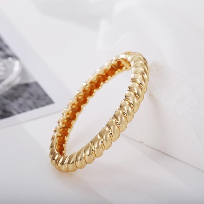 Golden Polished Chunky Twisted Hinged Waterdrop Bangle Bracelet for Women Spiraled Oval Bangle Bracelet