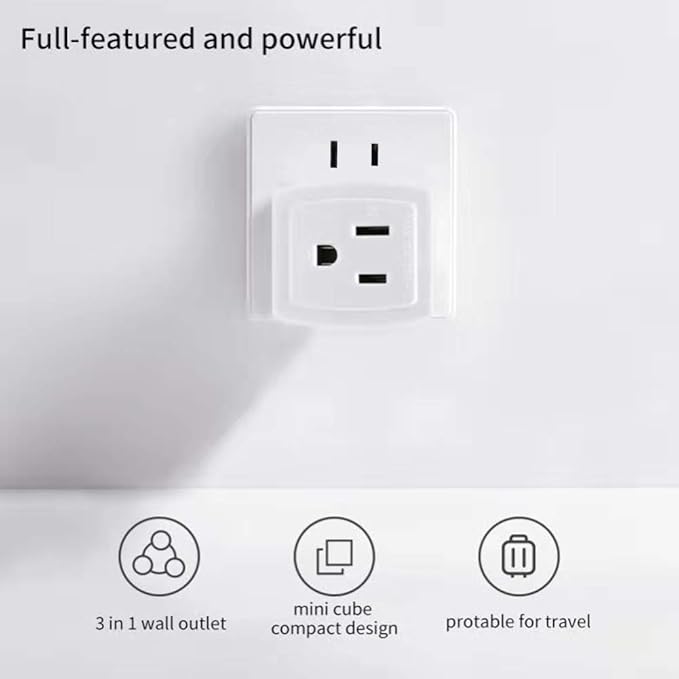 SYCON Adapter Outlet Extender, 2-Prong to 3-Prong Mini Wall Plug, Multi Outlet Splitter with 3 Outlets