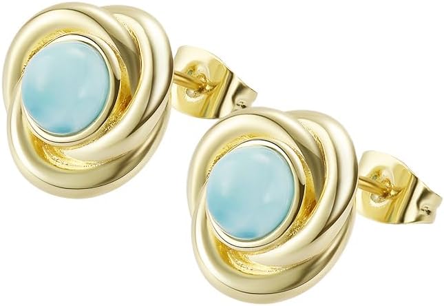 Larimar Stone Stud Earrings for Women, Gold Plated Brass