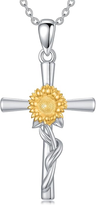 Flower Necklace Sunflower/Violet/Daffodil Necklace Sterling Silver Flower Cross Pendant Jewelry Gifts for Women
