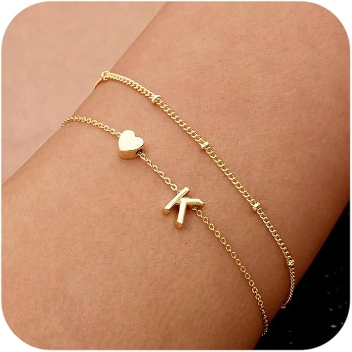 DEARMAY Dainty Initial Heart 14K Gold Plated Bracelets for Women Trendy, Letter Charm Bracelet Jewelry Cute Simple Fashion Chain Gift