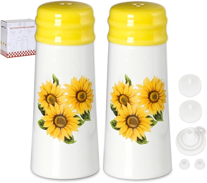 Salt and Pepper Shakers Set - HAPPY KIT 2-Count Ceramic Salt and Pepper Grinder Set with Silicone Lid and Funnel for Table, RV, Camp, BBQ Gift Box Ready (Sunflower)