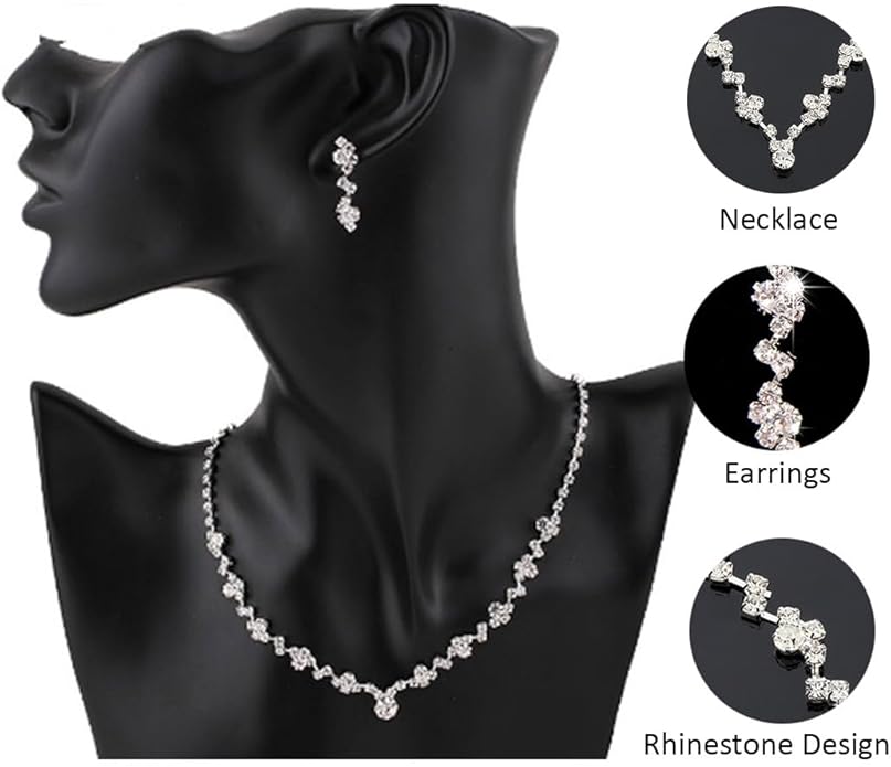 Unicra Bride Crystal Necklace Earrings Set Bridal Wedding Jewelry Sets Rhinestone Choker Necklace Costume Jewelry Set for Women and Brides (3 piece set - 2 earrings and 1 necklace)