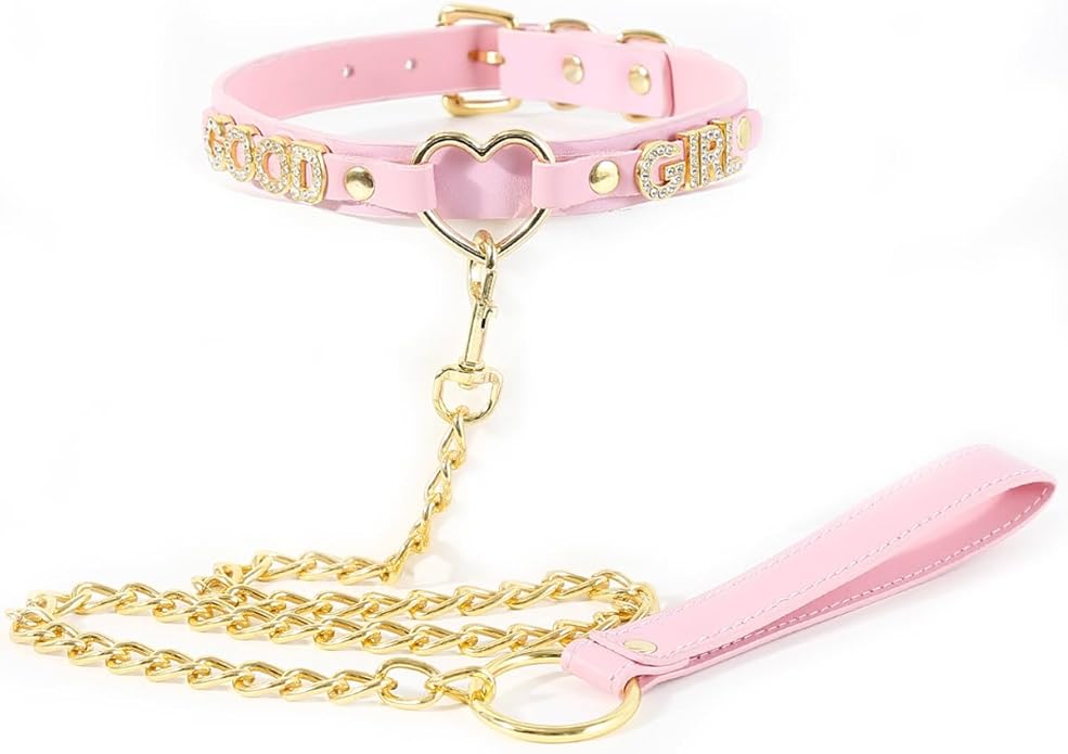 Succuba Handmade Heart Ring Rhinestone Letter Pu Leather Choker Collar Necklace for Women and Men