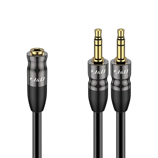 J&D 3.5 mm to 2X 3.5 mm Cable, Gold Plated Joint Copper Shell Heavy Duty 3.5mm 1/8 inch TRS Female to Dual 3.5 mm 1/8 inch TRS Male Y-Splitter Stereo Audio Adapter Cable, 0.65 Feet