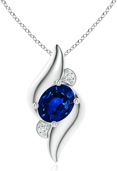 Angara Natural Blue Sapphire Pendant for Women | Shell Style Oval Sapphire and Diamond Pendant in 14K Solid Gold/Silver/Platinum With 18" Chain | September Birthday, Gemstone Jewelry Gift