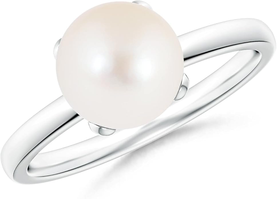 Angara Freshwater Pearl Solitaire Ring for Women | Round Freshwater Cultured Pearl Solitaire Ring in 14K Solid Gold/Silver | June Birthday, Anniversary, Gemstone Jewellery Gift