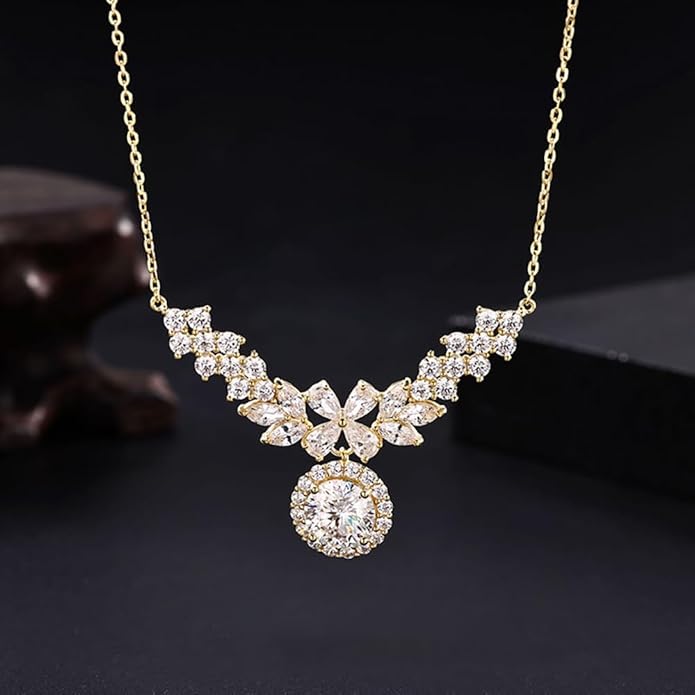 14K Gold D-color Round Cut Diamond Collarbone Necklace for Women, Ideal Gift for Your Beloved Wife, Choice for Special Occasions or Romantic Evenings Out,15.35+1.57" Chain