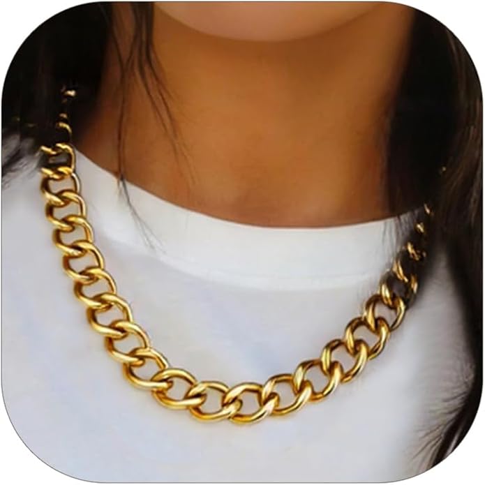 ChainsHouse Cuban Link Chain for Women Chunky Gold Necklace Stainless Steel/Gold Plated Choker Necklaces for Women, 12/16/20 mm Width Thick Chain Choker Punk Hip-Hop Jewelry,18-20"