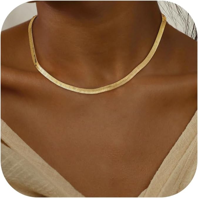 Gold Necklace for Women - Chunky 14K Gold Plated Chain Necklace Cuban Link Paperclip Chain Herringbone Statement Choker Necklace for Women Simple Trendy Jewelry Gifts