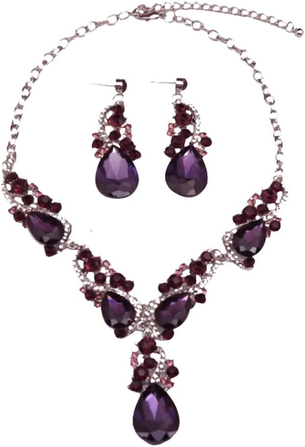 Secret for Longevity Silver Tone Antique Style Art Deco Dark Purple Eggplant Amethyst Rhinestone Statement Wedding Bridal Prom Chunky Statement Earrings Necklace Gift Set