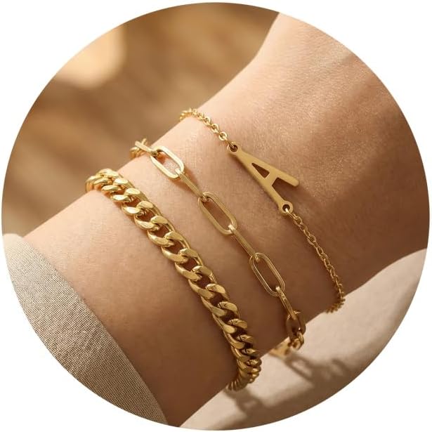 14K Gold Plated Bracelets for Women, A–Z Initial Charm Bangles Jewelry Set, Elegant Gold Accessories, Friendship Bracelet Gifts for Mom