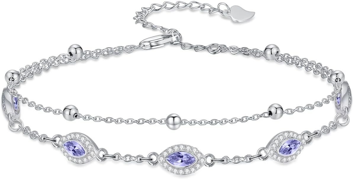 Evil Eye Birthstone Charm Link Bracelet 925 Sterling Silver Evil Eye Bracelet with 12 Months Birthstone Birthday Jewelry Gifts for Women Mom Her,Chain Length 7"+2" Extend