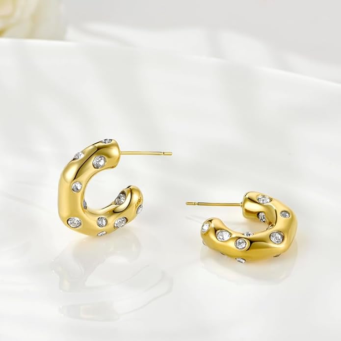 Gold Earrings for Women Girls,14K Gold Plated Hoop Earrings with 925 Sterling Silver Post Cubic Zirconia Stud Earring Huggie Hoops Earrings