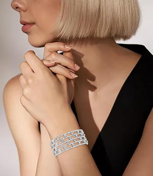 Rhinestone Bracelet for Women MultiLayer Crystal Cuff Bracelet Strand Layered Bracelet