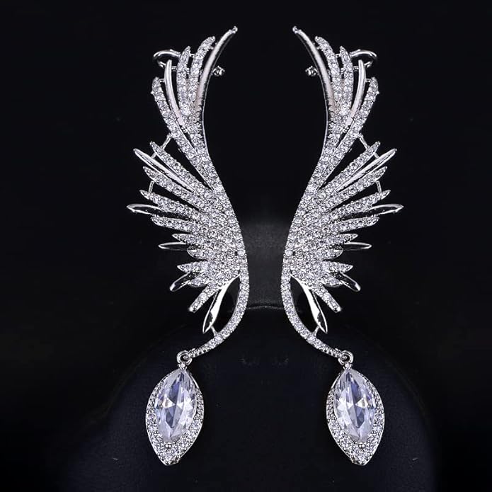 14K Gold Gemstone Feather Clip On Earrings for Women,Dainty Waterdrop Emerald Moissanite Angel Wing Ear Cuff,Fashion Christmas Jewelry Gift for Her
