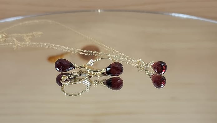Galaxy Gold GG 14k Solid Gold Jewelry Set: Natural Briolette Garnet Pendant Necklace and Dangle Earrings