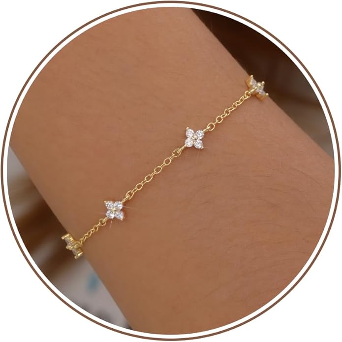 JSJOY Birthstone Bracelets for Women, 14K Gold Bracelets for Women Mom Gifts Birthday Valentines Day Gifts for Gf Dainty Flower Gift for Her Birthstone Bracelet Mothers Day Gift