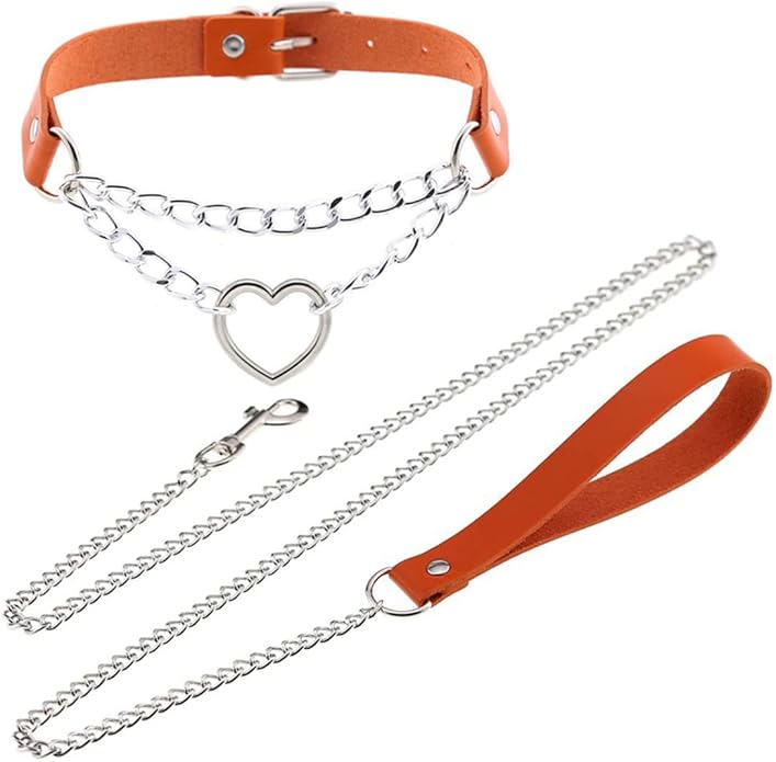 Harajuku Peach Heart Choker Punk Hauling Chain PU Leather Collar Gothic Necklace NightClub Goth Leash Belts