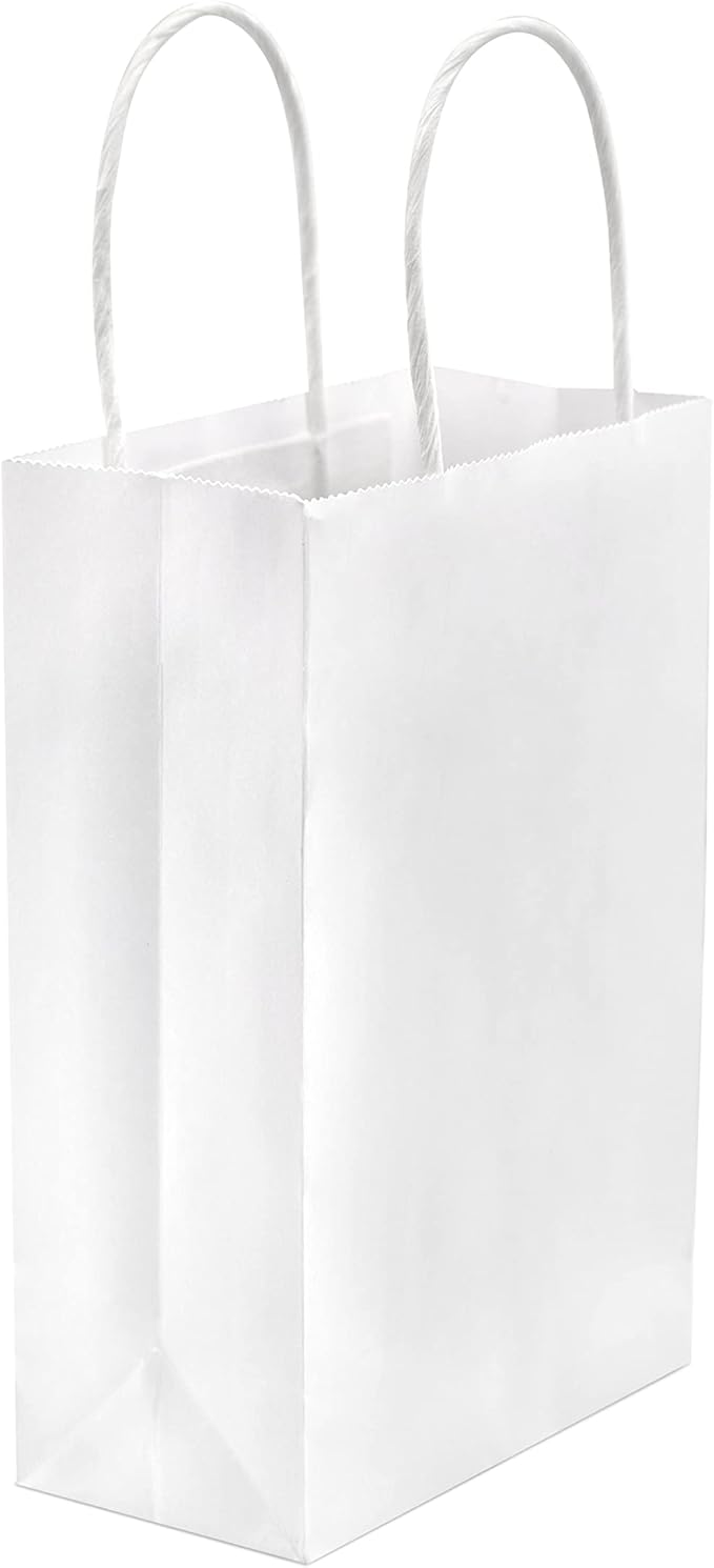 Prime Line Packaging White Paper Bags, Mini Gift Bags with Handles for Small Business, Shopping, Boutique, Merchandise, Party Favors, Bulk, 6x3x9, 100 Pack
