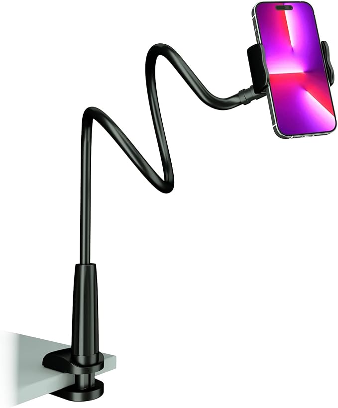 MAGIPEA Cell Phone Clip Bed Stand Holder, with Grip Flexible Long Arm Gooseneck Bracket Mount Clamp for Desk, Compatible with iPhone 14 Pro Max XR X 8 7 6 or Other 3.5-7" Devices