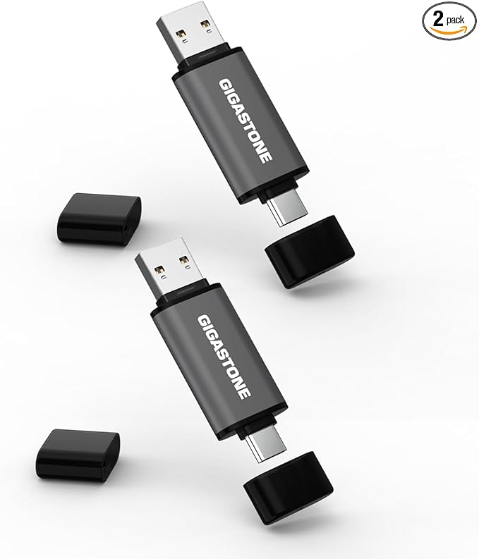 GIGASTONE 256GB Dual Flash Drive (2 Pack) Z40 USB 3.2 Gen 1, 2-in-1 Type-A & Type-C, 100MB/s Ultra Fast, Head Cap Design, Plug & Play for Smartphone/PC/Mac/TV/Car Audio, USB 2.0/3.0/3.1 Compatible