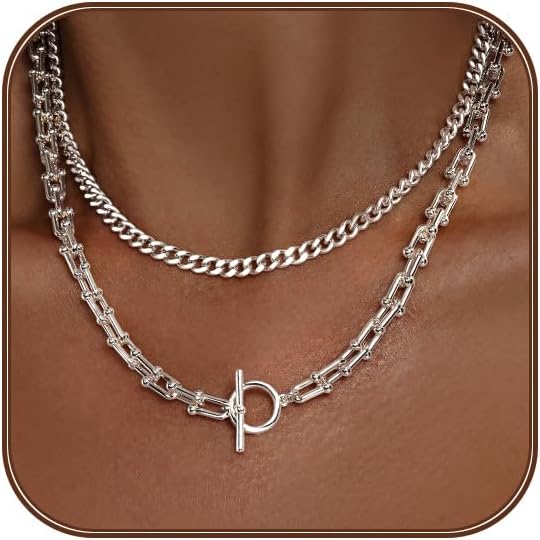 Gold Necklace for Women Layered 14k Plated Tendy Chunky Gold Necklace Cuban Link Choker Paperclip Chain Stackable OT Toggle Clasp Hypoallergenic Fashion Chunky Statement Jewelry Gifts for Women