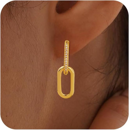 Gold Earrings for Women Trendy, Simple Dainty 14K Gold Plated Paperclip Square Chain Link Dangle Hoops Earrings Pin Stud Huggie Earrings Lightweight Hypoallergenic Minimalist Aesthetic Gold Jewelry for Christmas Gifts