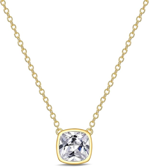 MISS MIMI Solitaire Cubic Zirconia Necklace for Women, 1–3 CT Round,Heart,Princess Cut CZ Options, Bezel or Prong Set in 925 Sterling Silver, Adjustable 16–20" Minimalist Everyday Jewelry