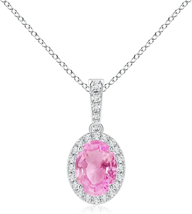 Angara Natural Pink Sapphire Pendant for Women | Vintage Style Oval Pink Sapphire Halo Pendant in 14K Solid Gold/Platinum With 18" Chain | Birthday, Anniversary, Gemstone Jewelry Gift