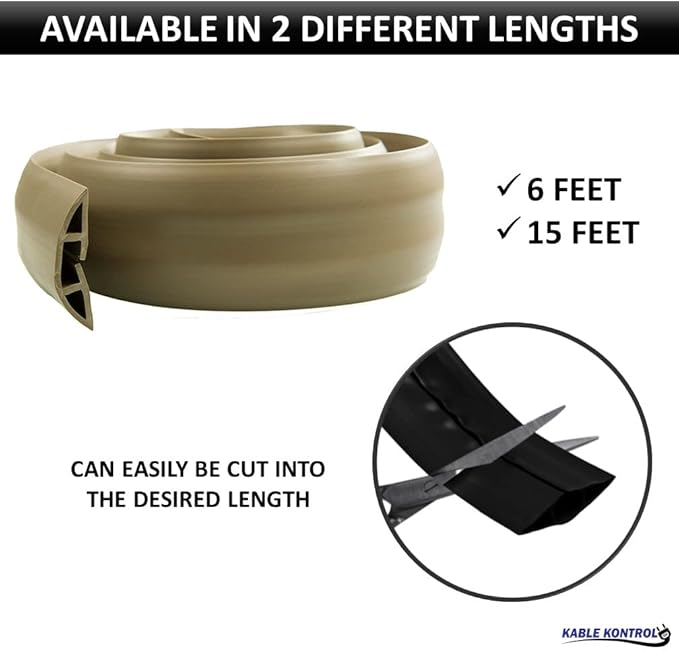 Kable Kontrol Floor Cord Cover kit - 15 Feet Long Tan Plastic Cable Protector, Hides Cords and Conceals Wires, for Extension Cord Cable Management, Channel Size 0.75” W x 0.43” H
