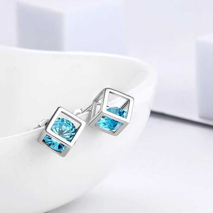 Aurora Tears Birthstone Necklace/Earring 925 Sterling Silver Women Cross/3D Cube/Cresent Moon Birth Stone Jewelry Mens Birthday Gift Anniversary Present