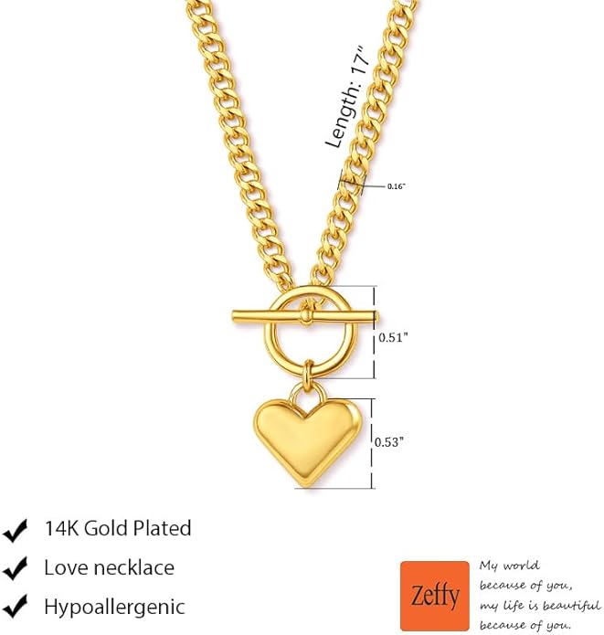 Zeffy Dainty Gold Heart Necklace for Women Trendy 14K Gold/Silver Plate Cute Heart Pendant Choker Necklaces Gold Love Heart Chain Necklace for Women Dainty Gold Jewelry Gifts for Women
