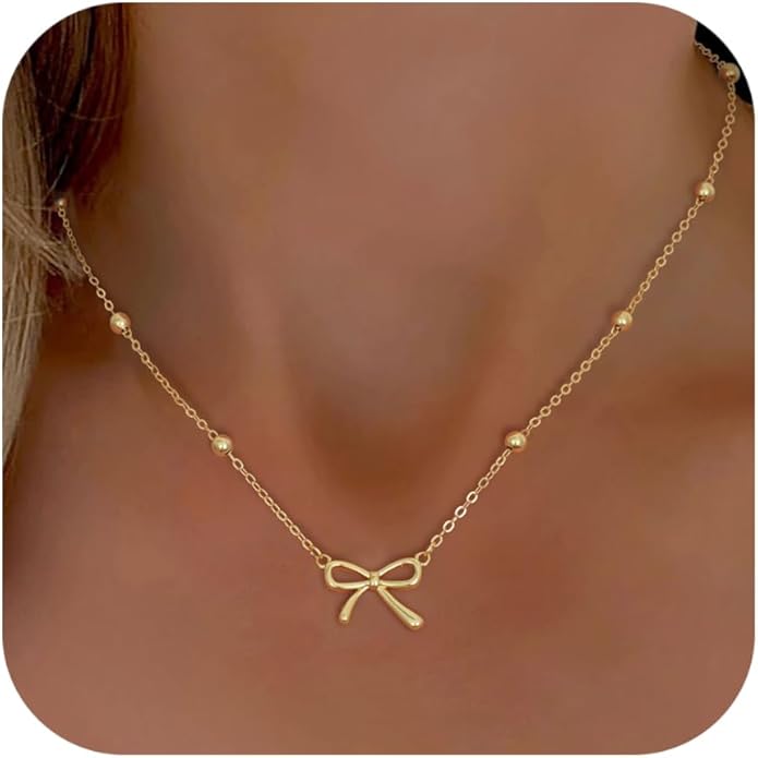 Valentines Day Gifts for Her - Dainty Bow Necklace for Women 14K Gold Plated Cute Choker Small Pendant Charm Necklaces Teen Gift Trendy Stuff Personalized Jewelry