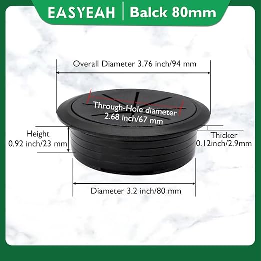 2 Pcs Desk Grommet 3-1/8" / 80 mm, Desk Hole Cover for Cables Black, Cable Grommet ABS Plastic, Desk Hole Grommet for Home & Office Pc, Detachable Cable Cord Organizer
