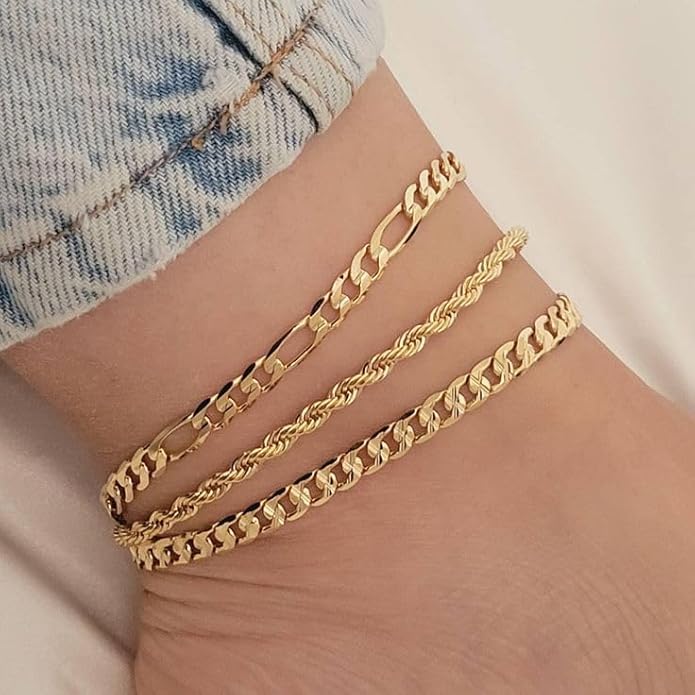 iF YOU Gold Ankle Bracelets for Women, 14k Gold Plated Waterproof Cuban Link Chain Anklets Set, Layered Anklet Bracelets for Women Beach Gift Adjustable Size 5pc