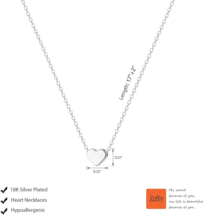 Zeffy Cute Heart Necklace 18k Gold/Silver Plated Tiny Heart Pendant Choker Necklaces Gold Love Heart Chain Necklace for Women Dainty Gold Jewelry Valentines Day Gifts for Women Girls Teen Girls