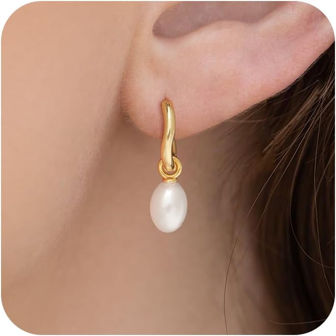 Gold Pearl Dangle Earrings for Women, 14K Gold Plated Small Pearl Drop Huggie Hoop Earrings, Hypoallergenic Dainty Gold Earrings Wedding Jewelry Gifts for Women Trendy