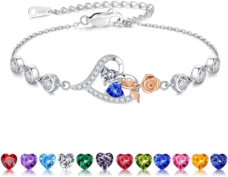 Iefil Valentines Day Gifts for Her - 925 Sterling Silver Rose Heart Birthstone Bracelets, Anniversary Birthday Gifts for Women Wife Mom Daughter, 6"+2"