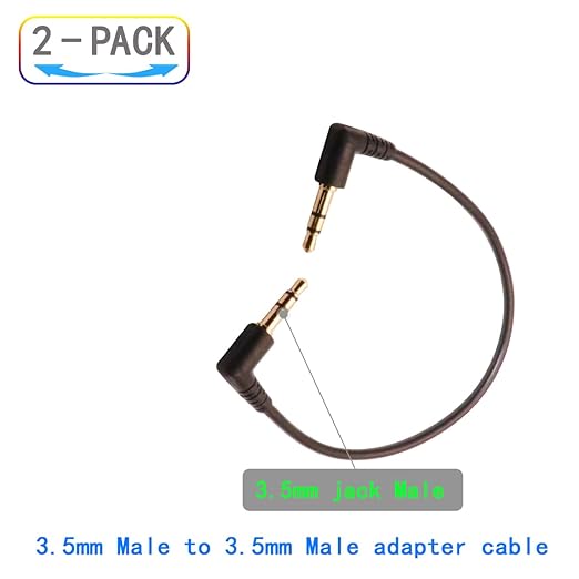 3.5mm Male to Male Audio Cable, Right Angle Auxiliary Cord, 195mm Length, 2-Pack, Gold-Plated Connectors